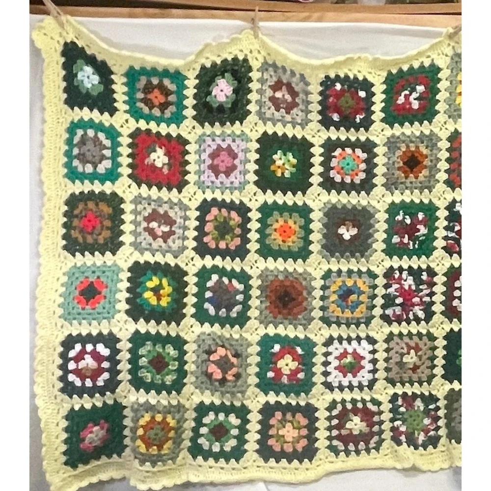 Handmade Granny Square Crochet Blanket Throw Yellow Trim Colorful Boho 72